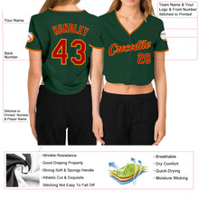 Laden Sie das Bild in den Galerie-Viewer, Custom Women&#39;s Green Red-Gold V-Neck Cropped Baseball Jersey
