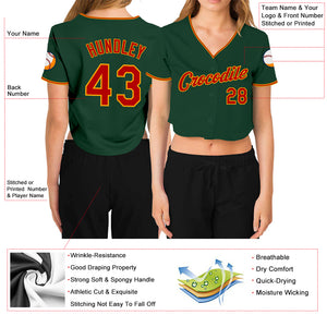 Custom Women's Green Red-Gold V-Neck Cropped Baseball Jersey