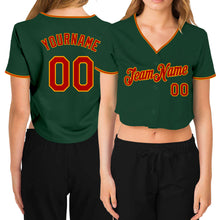 Laden Sie das Bild in den Galerie-Viewer, Custom Women&#39;s Green Red-Gold V-Neck Cropped Baseball Jersey
