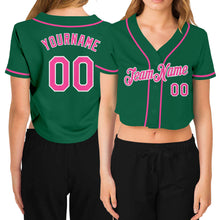 Загрузить изображение в средство просмотра галереи, Custom Women&#39;s Kelly Green Pink-White V-Neck Cropped Baseball Jersey
