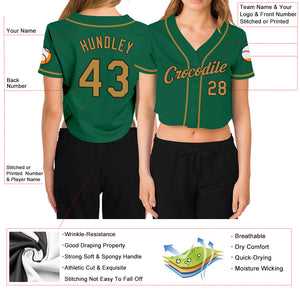 Custom Women's Kelly Green Old Gold-Black V-Neck Cropped Baseball Jersey