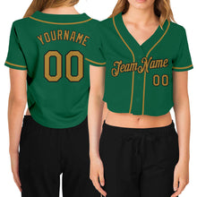 Charger l&#39;image dans la galerie, Custom Women&#39;s Kelly Green Old Gold-Black V-Neck Cropped Baseball Jersey
