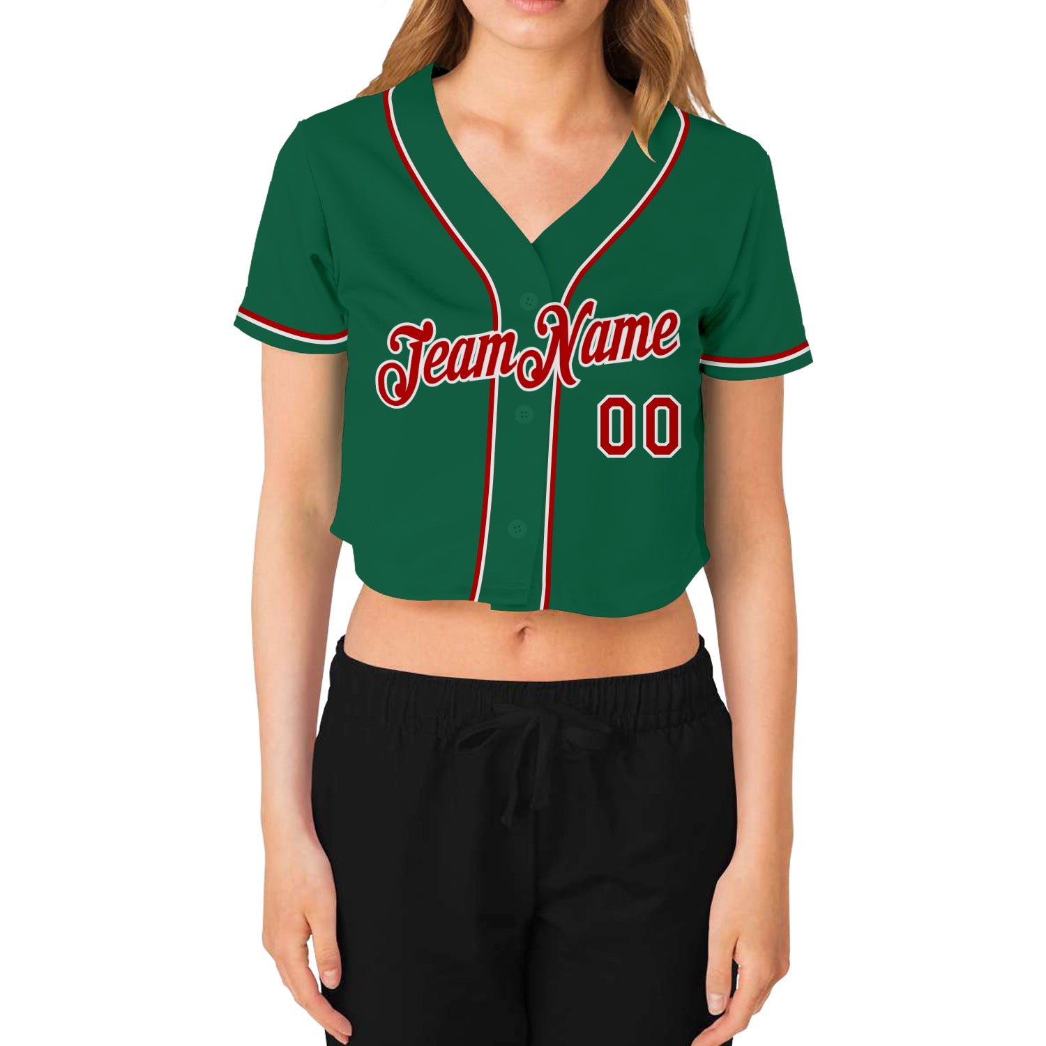 Cheap Custom Women's Cream Red-Kelly Green V-Neck Cropped Baseball