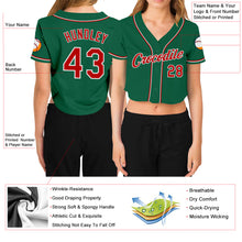 Загрузить изображение в средство просмотра галереи, Custom Women&#39;s Kelly Green Red-White V-Neck Cropped Baseball Jersey
