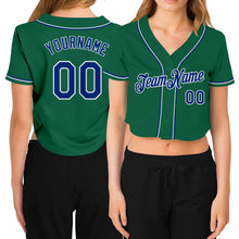 Charger l&#39;image dans la galerie, Custom Women&#39;s Kelly Green Royal-White V-Neck Cropped Baseball Jersey
