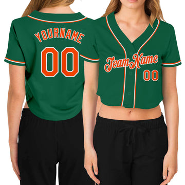 Custom Women's Kelly Green Orange-White V-Neck Cropped Baseball Jersey