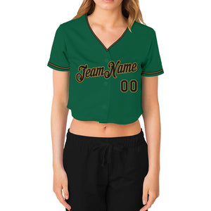 Custom Women's Kelly Green Black-Old Gold V-Neck Cropped Baseball Jersey