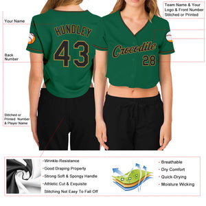 Custom Women's Kelly Green Black-Old Gold V-Neck Cropped Baseball Jersey