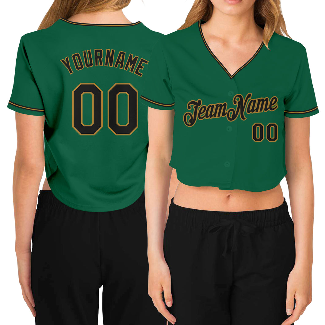 Custom Women's Kelly Green Black-Old Gold V-Neck Cropped Baseball Jersey