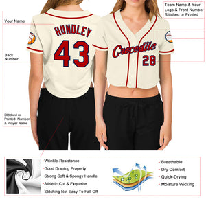 Custom Women's Cream Red-Navy V-Neck Cropped Baseball Jersey