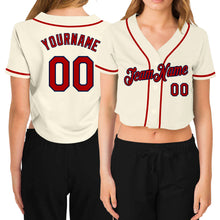 Load image into Gallery viewer, Custom Women&#39;s Cream Red-Navy V-Neck Cropped Baseball Jersey
