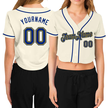 Custom Women's Cream Royal-Gold V-Neck Cropped Baseball Jersey