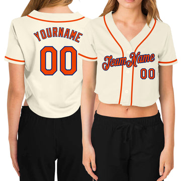 Custom Women's Cream Orange-Royal V-Neck Cropped Baseball Jersey