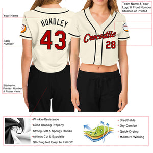 Custom Women's Cream Red-Black V-Neck Cropped Baseball Jersey