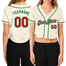 Load image into Gallery viewer, Custom Women&#39;s Cream Red-Kelly Green V-Neck Cropped Baseball Jersey
