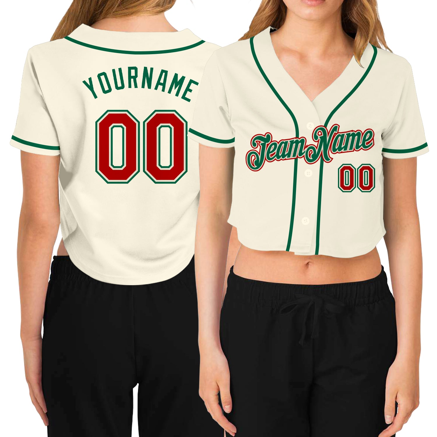 Cheap Custom Women's Cream Red-Kelly Green V-Neck Cropped Baseball Jersey  Free Shipping – CustomJerseysPro