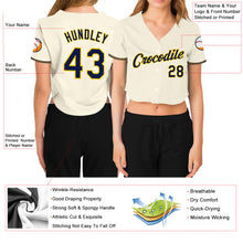 Загрузить изображение в средство просмотра галереи, Custom Women&#39;s Cream Navy-Gold V-Neck Cropped Baseball Jersey
