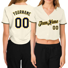 Загрузить изображение в средство просмотра галереи, Custom Women&#39;s Cream Navy-Gold V-Neck Cropped Baseball Jersey
