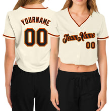 Load image into Gallery viewer, Custom Women&#39;s Cream Black Orange-Old Gold V-Neck Cropped Baseball Jersey
