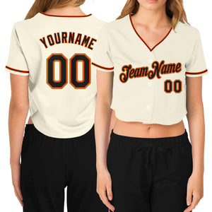 Custom Women's Cream Black Orange-Old Gold V-Neck Cropped Baseball Jersey