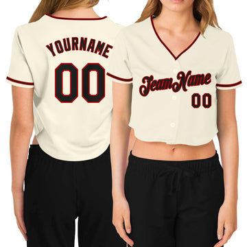 Custom Women's Cream Black-Red V-Neck Cropped Baseball Jersey