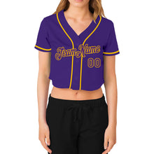 Загрузить изображение в средство просмотра галереи, Custom Women&#39;s Purple Purple-Gold V-Neck Cropped Baseball Jersey
