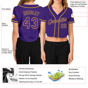 Custom Women's Purple Purple-Gold V-Neck Cropped Baseball Jersey