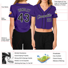 Charger l&#39;image dans la galerie, Custom Women&#39;s Purple Black-White V-Neck Cropped Baseball Jersey
