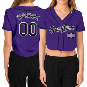 Custom Women's Purple Black-White V-Neck Cropped Baseball Jersey