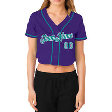 Laden Sie das Bild in den Galerie-Viewer, Custom Women&#39;s Purple Aqua-White V-Neck Cropped Baseball Jersey
