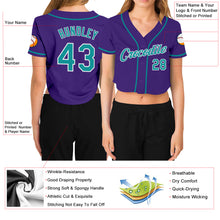 Laden Sie das Bild in den Galerie-Viewer, Custom Women&#39;s Purple Aqua-White V-Neck Cropped Baseball Jersey
