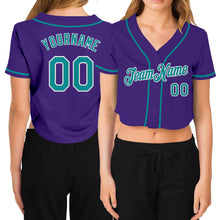 Laden Sie das Bild in den Galerie-Viewer, Custom Women&#39;s Purple Aqua-White V-Neck Cropped Baseball Jersey
