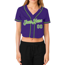 Laden Sie das Bild in den Galerie-Viewer, Custom Women&#39;s Purple Neon Green-White V-Neck Cropped Baseball Jersey
