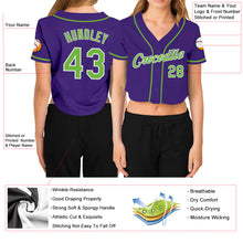 Laden Sie das Bild in den Galerie-Viewer, Custom Women&#39;s Purple Neon Green-White V-Neck Cropped Baseball Jersey
