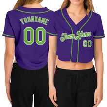 Laden Sie das Bild in den Galerie-Viewer, Custom Women&#39;s Purple Neon Green-White V-Neck Cropped Baseball Jersey
