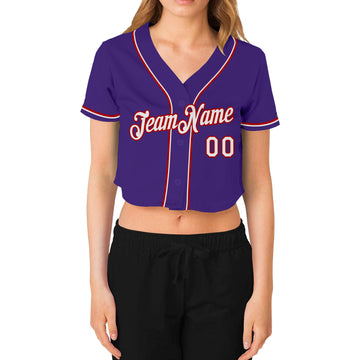 Custom Women's Purple White-Red V-Neck Cropped Baseball Jersey