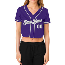 Laden Sie das Bild in den Galerie-Viewer, Custom Women&#39;s Purple White-Gray V-Neck Cropped Baseball Jersey
