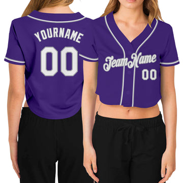 Custom Women's Purple White-Gray V-Neck Cropped Baseball Jersey