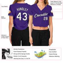 Загрузить изображение в средство просмотра галереи, Custom Women&#39;s Purple White-Black V-Neck Cropped Baseball Jersey
