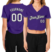 Загрузить изображение в средство просмотра галереи, Custom Women&#39;s Purple White-Black V-Neck Cropped Baseball Jersey
