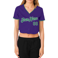 Laden Sie das Bild in den Galerie-Viewer, Custom Women&#39;s Purple Kelly Green-White V-Neck Cropped Baseball Jersey
