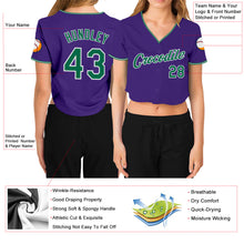 Laden Sie das Bild in den Galerie-Viewer, Custom Women&#39;s Purple Kelly Green-White V-Neck Cropped Baseball Jersey
