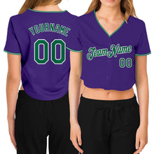 Laden Sie das Bild in den Galerie-Viewer, Custom Women&#39;s Purple Kelly Green-White V-Neck Cropped Baseball Jersey
