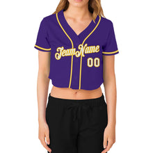 Загрузить изображение в средство просмотра галереи, Custom Women&#39;s Purple White-Gold V-Neck Cropped Baseball Jersey
