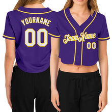 Загрузить изображение в средство просмотра галереи, Custom Women&#39;s Purple White-Gold V-Neck Cropped Baseball Jersey
