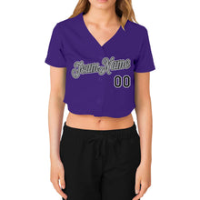 Загрузить изображение в средство просмотра галереи, Custom Women&#39;s Purple Black White-Gray V-Neck Cropped Baseball Jersey
