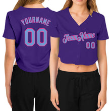 Загрузить изображение в средство просмотра галереи, Custom Women&#39;s Purple Light Blue-Pink V-Neck Cropped Baseball Jersey
