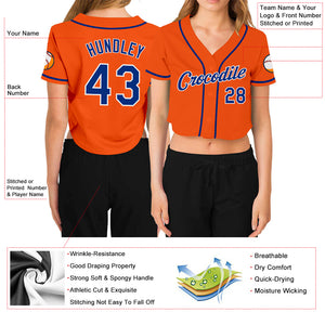 Custom Women's Orange Royal-White V-Neck Cropped Baseball Jersey