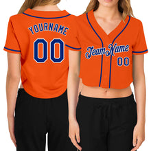 Laden Sie das Bild in den Galerie-Viewer, Custom Women&#39;s Orange Royal-White V-Neck Cropped Baseball Jersey
