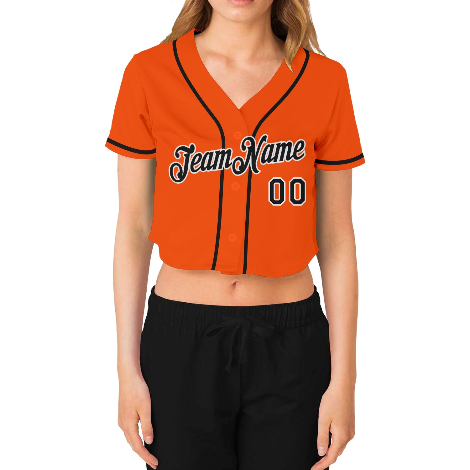 Custom Women's Black Orange-White V-Neck Cropped Baseball Jersey Discount